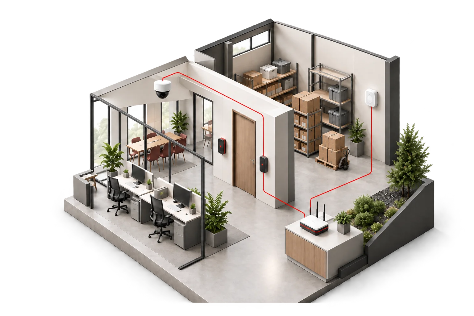 Office and warehouse with connected cameras, access controls, sensors and a gateway